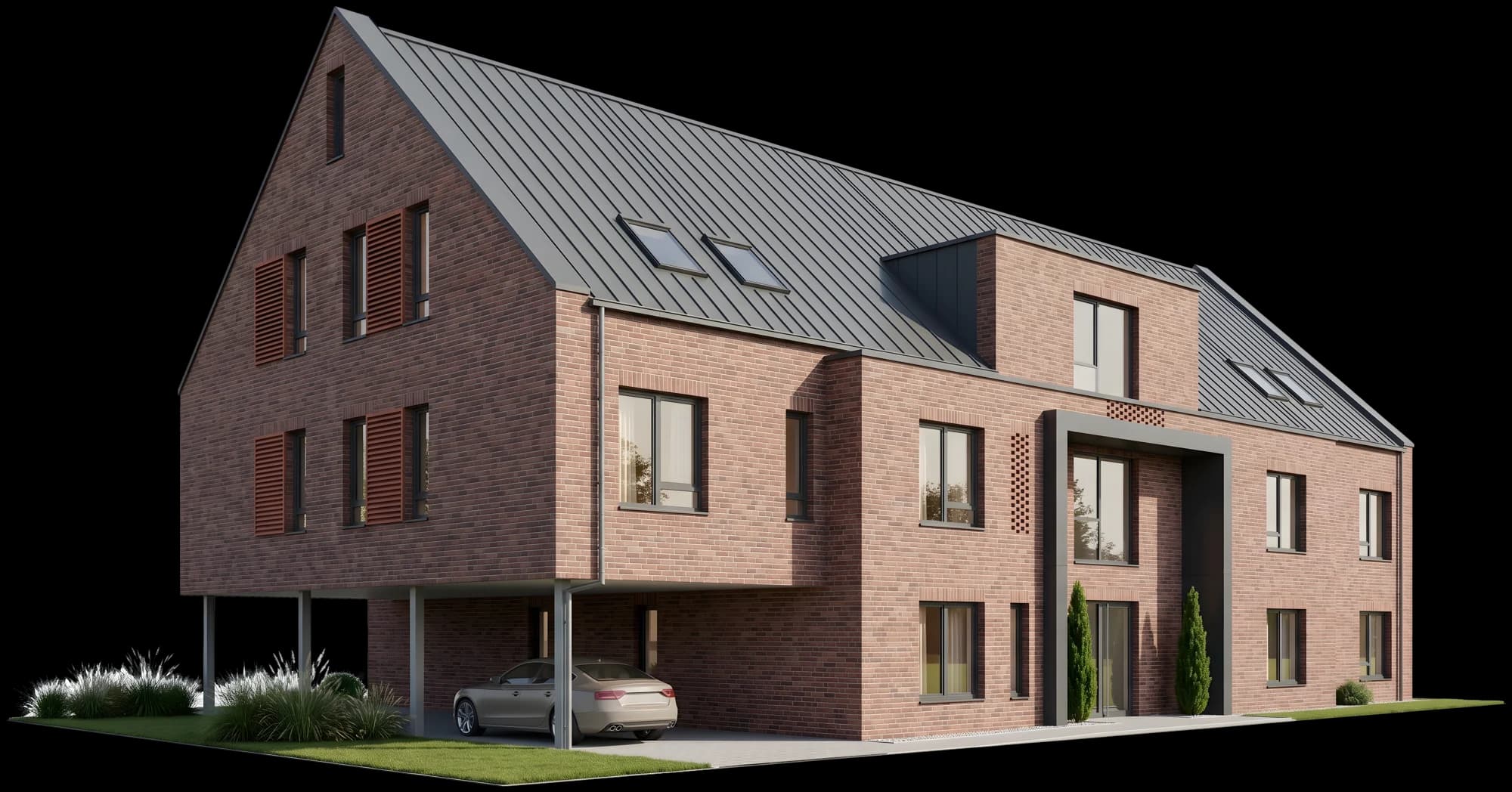 Eingangsseite des Hauses mit anthrazitfarbenem Portal